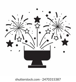 A cake with fireworks and stars on top of it. Scene is celebratory and festive