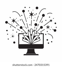 A cake with fireworks and stars on top of it. Scene is celebratory and festive
