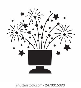 A cake with fireworks and stars on top of it. Scene is celebratory and festive