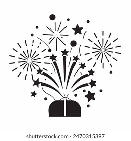 A cake with fireworks and stars on top of it. Scene is celebratory and festive