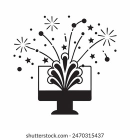 A cake with fireworks and stars on top of it. Scene is celebratory and festive