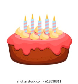 cake with five candles. sweet treat on the fifth birthday vector illustration isolated on white background