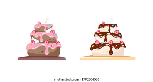 Cake flat color vector objects set. Chocolate cake with whipped cream and strawberries. Birthday dessert isolated cartoon illustration for web graphic design and animation collection