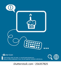 Cake and flat design elements. Line icons for application development, web page coding and programming, creative process, social media, print.