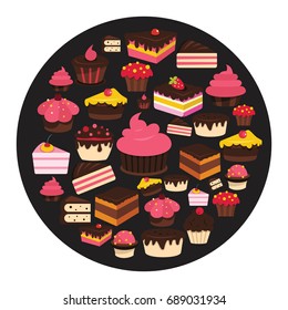 Cake flat icons set on black circle. Cake vector illustration for design and web isolated on black background. Cake vector object for labels, logos and advertising