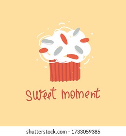 Cake flat illustration isolated background. Online pastry tutorial. Concept background, screen saver. Cake with sprinkles in the vector. Hand drawing, Doodle. Lettering "sweet moments".