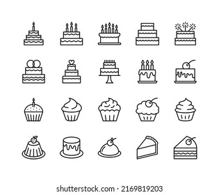 Ajusta los iconos de línea plana. Dulce postre de horneado de cumpleaños, torta de bodas, torta de taza. Ilustración vectorial plana simple para sitio web o aplicación móvil