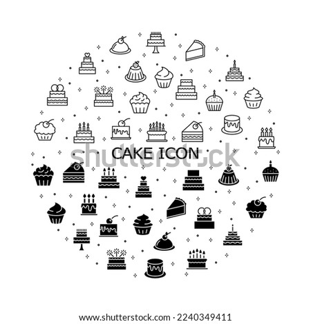 Cake flat line icons set. Sweet dessert of birthday baking, wedding cake, cup cake. Simple flat vector illustration for web site or mobile app