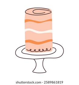 Cake in flat style. Cupcake piece with hand drawn lines. Slice sweet desserts for birthday, invitation, jubilee, poster, weeding, greeting card. Cute isolated vector illustration on white background.