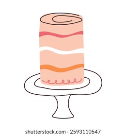 Cake in flat style. Cupcake piece with hand drawn lines. Slice sweet desserts for birthday, invitation, jubilee, poster, weeding, greeting card. Cute isolated vector illustration on white background.
