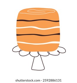 Cake with in flat style. Doodle cupcake piece with hand drawn lines. Slice sweet desserts for birthday, invitation card, jubilee, poster, weeding. Cute isolated vector illustration on white background