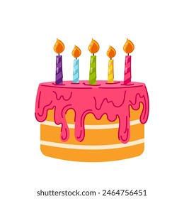 Cake in flat style on a white background. Birthday cake with pink cream and candles. Cartoon birthday cake.