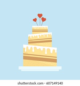 Cake in flat style. Sweet dessert for wedding, Valentine's day, birthday. Vector illustration.
