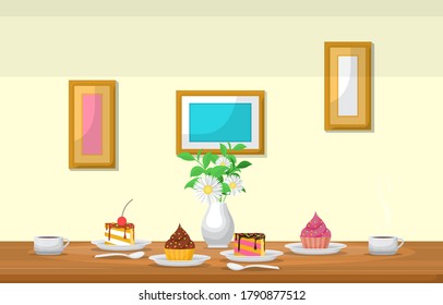 Cake Flower Cup of Coffee on Table Cafe Restaurant Illustration