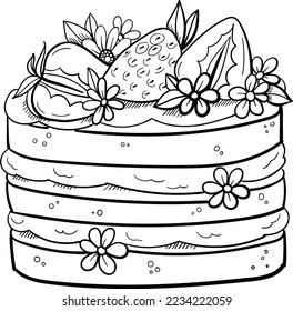 Cake with flower. Outline illustration. Doodle dessert. This art is perfect for invitation cards, spring decor, greeting cards, logo design, branding design, posters, scrapbooking, print.