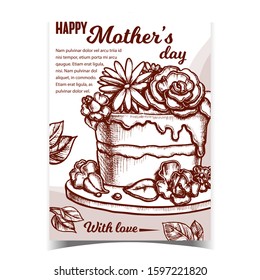 Cake With Flowers For Mother Day Banner Vector. Happy Mother Holiday Festive Pie Decorate Cream Bouquet And Green Leaves Template Hand Drawn In Vintage Style Monochome Illustration