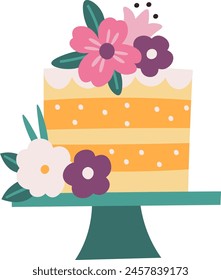 Cake With Flowers On Stand Vector Illustration