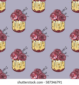 Cake with flowers,roses, vector illustration, tasty food, desert, pattern