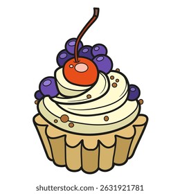 Cake with fluffy cream and garlands decorated with a cherry on a white background