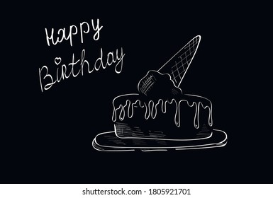Cake food outline sketch illustration, chalk lettering isolated on black background. Concept for logo, menu, cards 