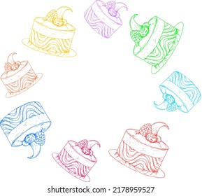 Cake frame. Vector illustration. Multi-colored contour cakes.