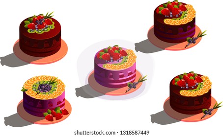 Cake with fresh acai berries, strawberries, mint, orange slices, kiwi and chocolate isolated on a white background. Vector illustration - Vector graphics
