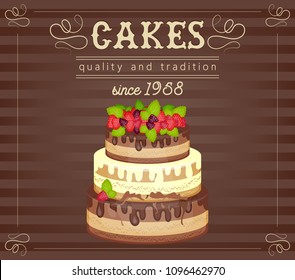 Cake with Fresh Berries and Chocolate. Advertising for Bakery and Pastry Shop. Dark Vintage Background. Vector Illustration.