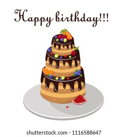 Cake with fresh berries and chocolate isolated on white background. Large three-tiered cake Greeting card .Vector illustration