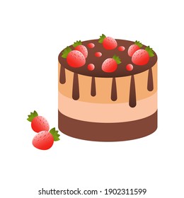 Cake with fresh strawberries and chocolate. Vector illustration.