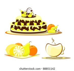 cake with fruit on dish and cup