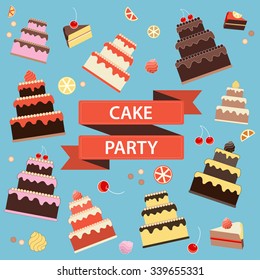 Cake Fun concept. Cake party ribbon banner, sweets and fruits vector illustration.