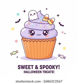 Cake and ghost with halloween decoration isolated white background