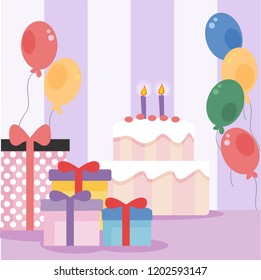 Cake and Gift for Birthday Party Balloon Flat Illustration