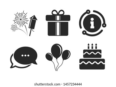 Cake and gift box signs. Chat, info sign. Birthday party icons. Air balloons and fireworks symbol. Classic style speech bubble icon. Vector