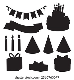 Pastel, cajas de regalo y sombreros de fiesta. Velas y Anuncio de cinta, guirnalda de banderas. Ilustración gráfica de Vector aislada. Conjunto festivo de icono de silueta. Colección de cumpleaños. Clipart para, tarjeta, impresión, textil.