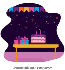 cake gift boxes pennants birthday celebration vector illustration