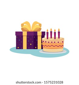 Cake and gift design, happy birthday celebration decoration party festive and surprise theme Vector illustration