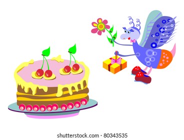 cake and a gift from a fly on a white background