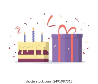 Cake and giftbox. Flat design vector illustration