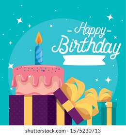 cake and gifts design, happy birthday celebration decoration party festive and surprise theme Vector illustration