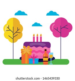 cake gifts wine cup birthday celebration park tree sky vector illustration