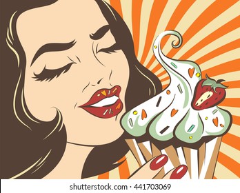 Cake and girl, pop art illustration of woman with cake