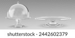 Cake glass stand with dome bell cover mockup. Realistic 3d vector illustration set of transparent plastic empty tray with cap. Dessert bakery cloche pedestal. Cylinder glassware showcase or platter