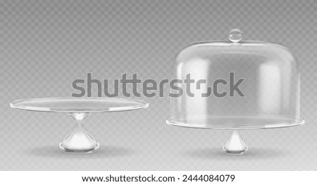 Cake glass stand with dome bell cover mockup. Realistic 3d vector illustration set of transparent plastic empty tray with cap. Dessert bakery cloche pedestal. Cylinder glassware showcase or platter
