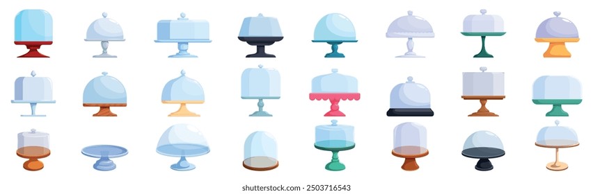 Cake glass stand icons set. Collection of cake stands, each with a unique design, showcasing their functionality for serving and preserving delectable treats