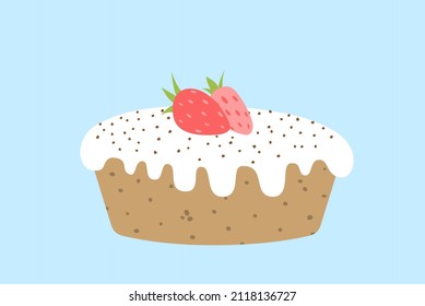 Cake with glaze, chocolate chip, strawberry. Pie with icing. Easter cake. Cake for birthday, holiday, party. Flat, cartoon. Isolated vector stock illustration eps 10 on white background