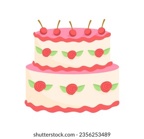 Cake with glaze concept. Dessert and delicacy for holiday or event. Bakery product with cherries. Poster or banner for website. Cartoon flat vector illustration isolated on white background