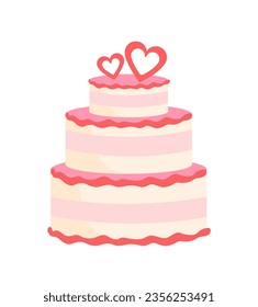 Cake with glaze concept. Dessert and delicacy for holiday or event. Bakery product with hearts. Poster or banner for website. Cartoon flat vector illustration isolated on white background