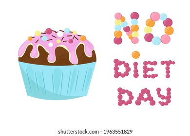 Cake with glaze and decoration. No diet day inscription May 6. Vector illustration. The words are written with a pastry sprinkle.