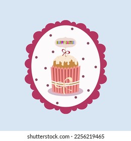 Kuchen mit Glasur und Frohe Ostern in ovalem Rahmen.Clipart auf blauem Hintergrund. Ostergrußkarte.